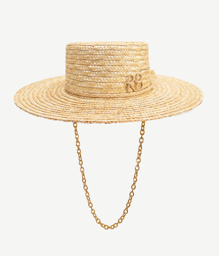 Monogram-embellished Chain Strap Straw Boater Hat