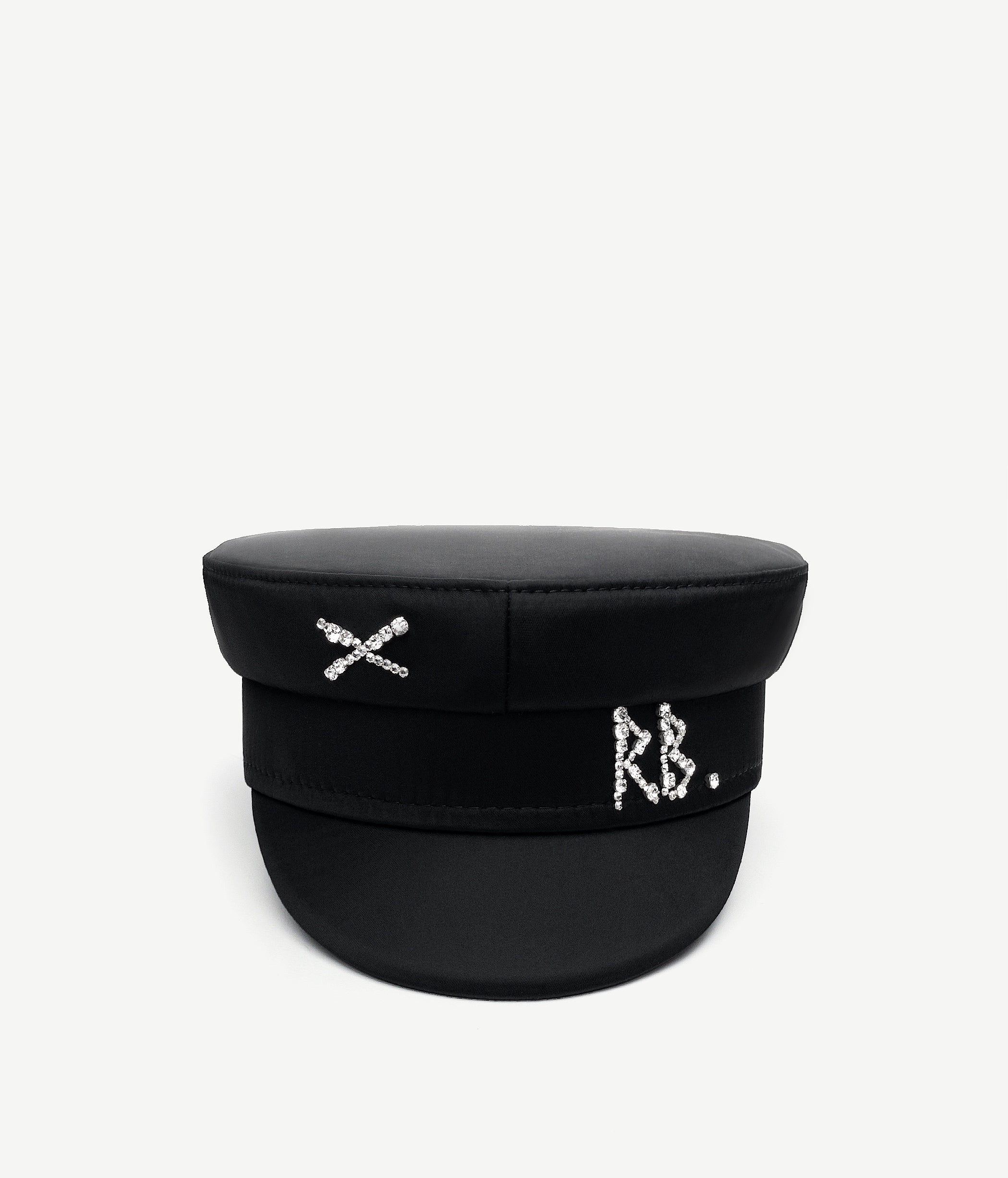 Crystal-embellished Black Satin Baker Boy Cap KPC033-STN-DMD-XXS Ruslan Baginskiy